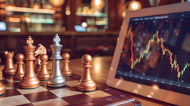 Financial Strategy Scene with Stock Market Analysis and a Game of Chess.