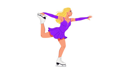 Elegant ice skater gracefully performing a spiral pose in a vibrant purple costume on a pristine white backdrop showcasing athletic grace and
