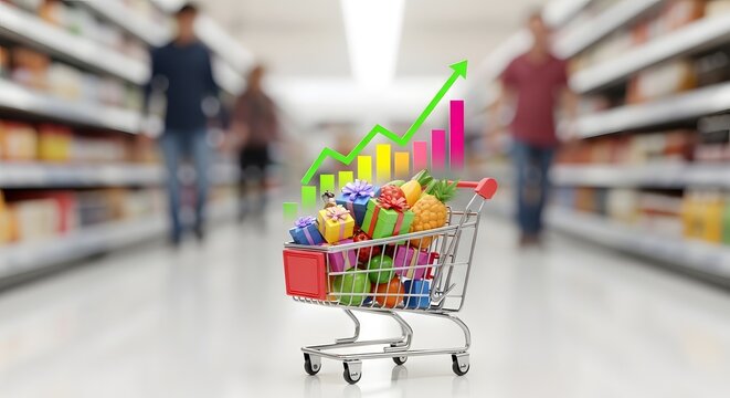 Grocery cart filled with products and upward trend graph symbolizing rising costs
