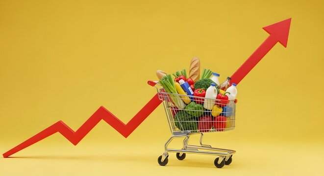Grocery cart with upward trending arrow symbolizing rising food prices - Powered by Adobe