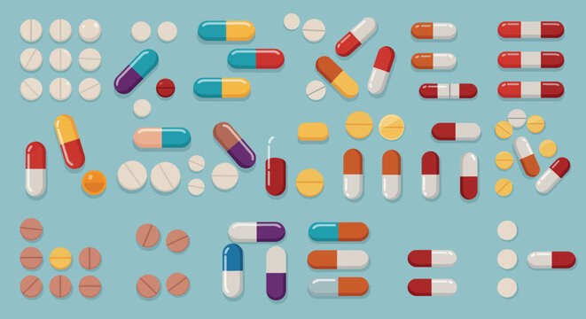 Colorful capsules and pills pattern on light blue background