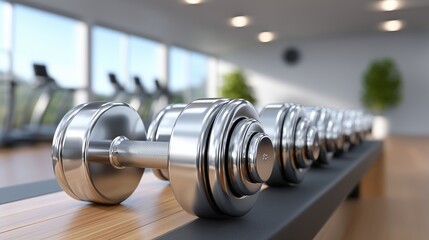 Fototapeta premium A row of polished chrome dumbbells neatly arranged on a bench in a bright, modern gym interior