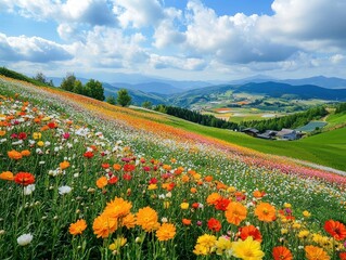 Fototapeta premium Colorful flower field on a hillside, with mountains in the background