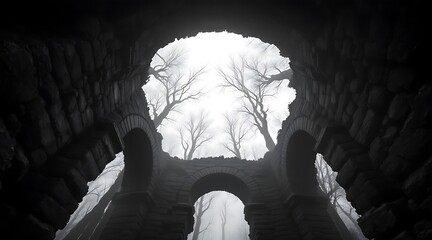 Ancient stone arches framing bare trees against a foggy sky architecture ruin