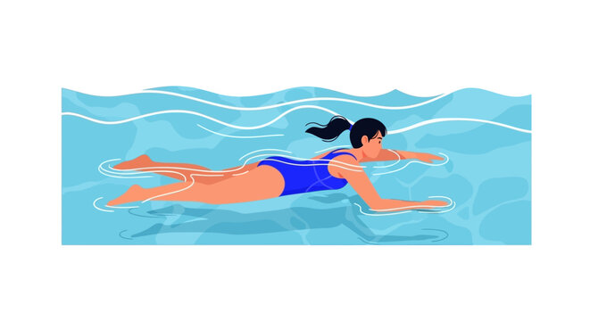Illustration of a young woman swimming freestyle in a serene blue pool, evoking summer relaxation and aquatic exercise with gentle ripples and clear