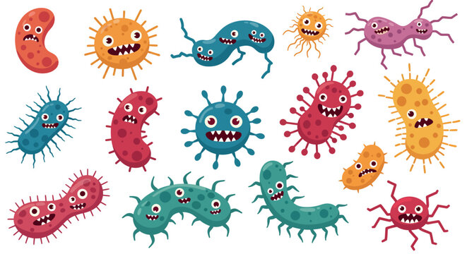 Colorful cartoon germs and bacteria with funny faces in flat style