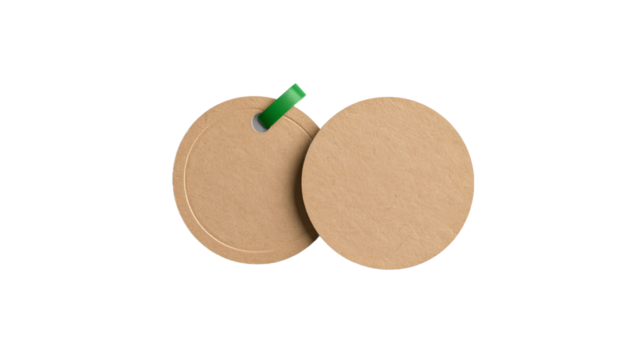 Two Round Brown Tags With Green Ribbon On Black Background