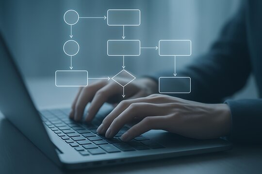 Hands typing on laptop with flowchart technology - Powered by Adobe