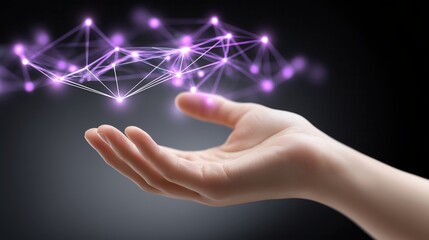A close-up of a human hand reaching out to a glowing purple network of connected nodes on a dark background