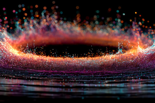 Dynamic neon particle whirlpool illustrating centrifugal force in tennis racket swings with vibrant motion energy and sports physics