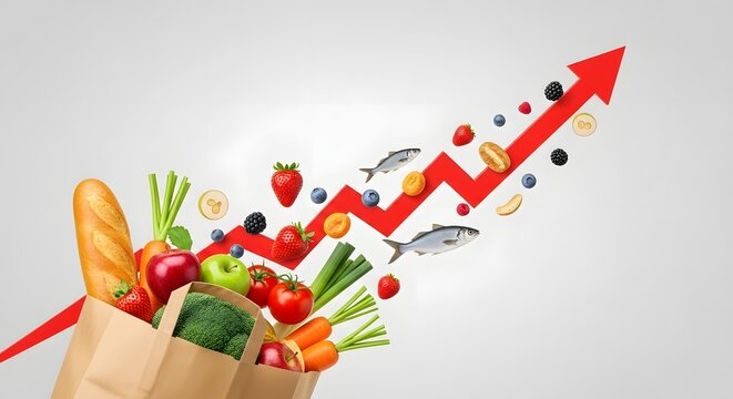 Rising grocery prices illustrated by upward trend arrow and overflowing shopping bag
