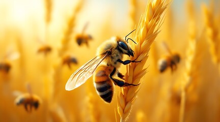 Close up of a bee on a wheat stalk with blurred bees in background insect agriculture