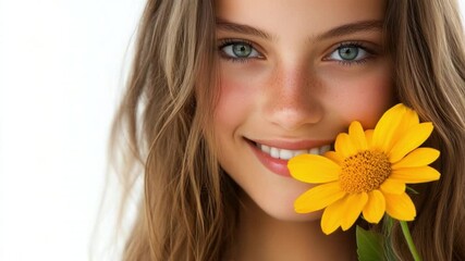 Young Woman with Beautiful Smile Holding Bright Yellow Flower with Green Leaves in Natural Light Environment 4k video footage - Powered by Adobe