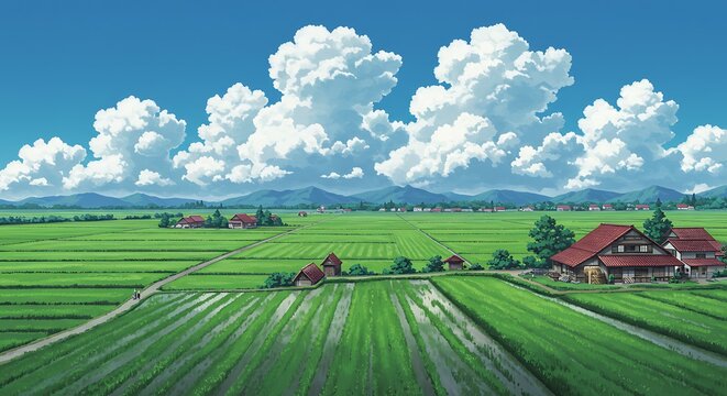 Anime Scenic Village with Vivid Blue Sky, Fluffy Clouds, Shining Sun, Traditional Homes, and Lush Green Hills