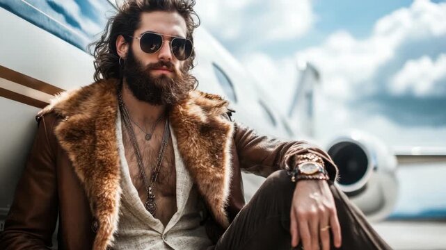 Stylish Man in Sunglasses and Fur Coat Relaxing Next to Private Jet Under Blue Sky with Clouds 4k video footage