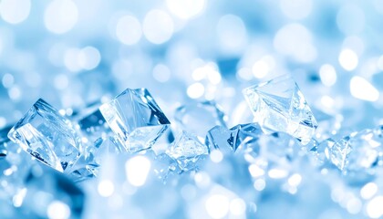 Close-up of sparkling, translucent ice crystals or diamonds on a blurred, light blue background, creating a cool and elegant aesthetic.