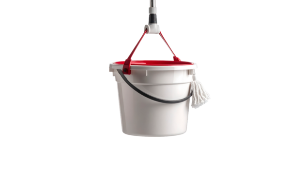 White Cleaning Bucket With Red Details and Mop Hanging in Transparent Background