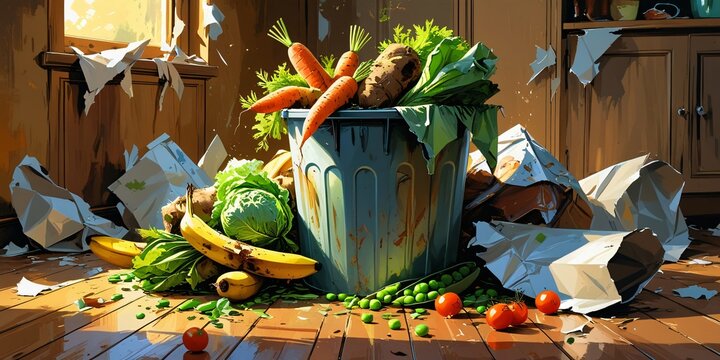 Overflowing trash can filled with fresh produce and food scraps