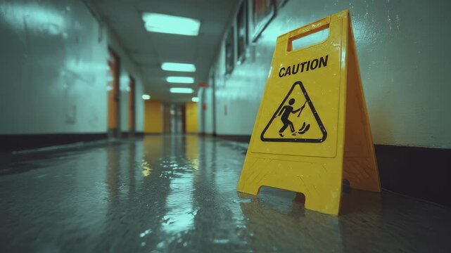 Closeup image of a textured slip hazard warning sign mounted on a wall beside a wet floor area in a corridor featuring bold lettering and an illustrated caution symbol enhancing visibility