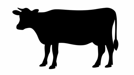 Silhouette of a cow standing in profile with horns and a tail against a white background image view
