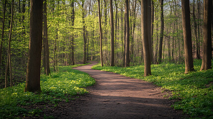 Obraz premium A forest trail with budding trees halfway through the spring season 
