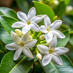 Fototapeta premium A closeup view of a cluster of small fragrant white star jasmine flowers with green leaves and buds