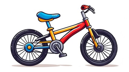 Fototapeta premium Colorful children's bicycle cartoon with a red, yellow, and blue frame isolated on white.