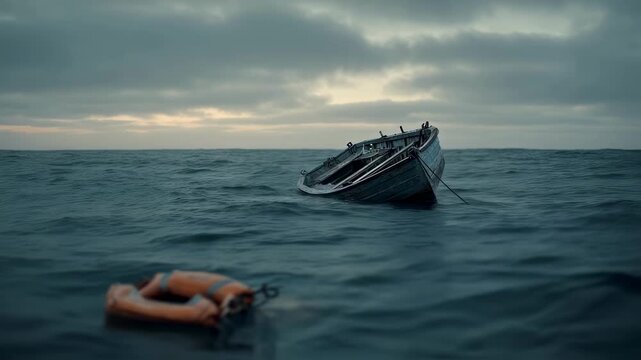 An ocean view featuring a capsized boat partially submerged in the water with a solitary lifejacket floating nearby and a flare gun resting on the deck symbolizing the desperate measures