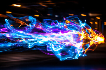 Dynamic energy sweep of vibrant blue and purple light arcs capturing the smooth horizontal motion of a badminton racket stroke in action