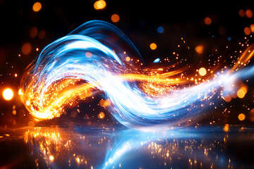 Exploding orange and blue light trails spiraling dynamically in motion like a powerful slam dunk with vibrant energy and speed