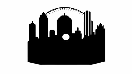 Fototapeta premium Silhouette of a city skyline with various buildings and a bridge in the background at nighttime view