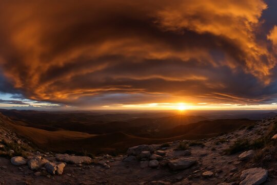 Dramatic orange clouds at sunset over rolling hills landscape golden