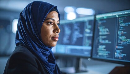 Focused woman in hijab, coding