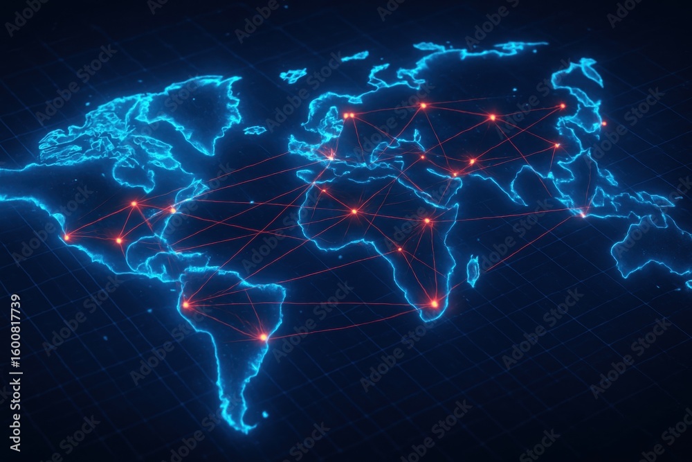 Poster global network: an ethereal, illuminated map of the world, showcasing interconnected hubs and commun