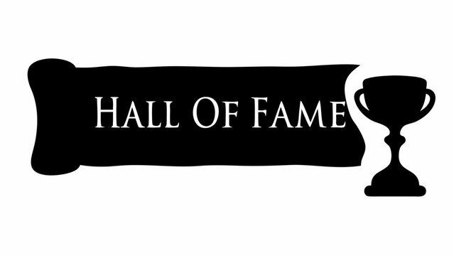 Hall of fame text on a black banner with a black trophy silhouette on a white isolated background