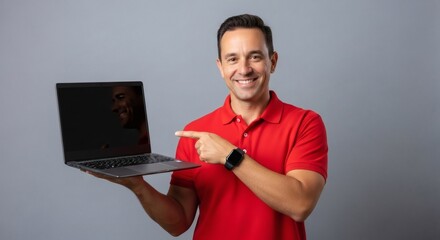 A cheerful man points to a laptop while smiling, promoting technology and online presentations.