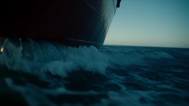 A side profile of a ship navigating through slightly choppy seas with foamy water trailing off the bulbous bow illustrating how wave patterns distort and radiate outward as the vessel