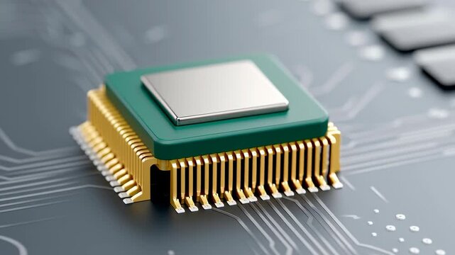 Neuromorphic Computing, A close-up of a computer microchip with gold connectors mounted on a circuit board.