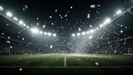 Celebratory Confetti Falling on Soccer Field at Night: Dramatic Stadium Atmosphere