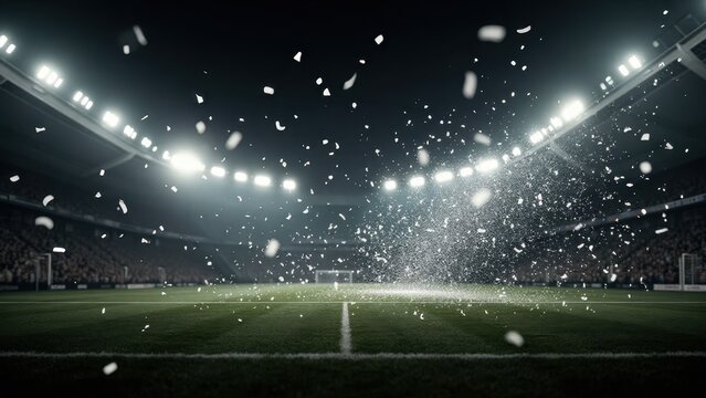 Celebratory Confetti Falling on Soccer Field at Night: Dramatic Stadium Atmosphere - Powered by Adobe