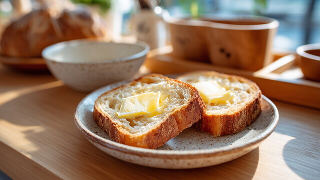 Light brown toast bread with butter on a ceramic plate on the wooden table at the kitchen. - Powered by Adobe