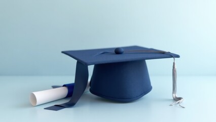 Blue Graduation Cap and Diploma: Minimalist Achievement Concept,  Clean Background.