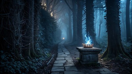 Step into a mystical forest where an ancient pathway glows under a bewitching spell, perfect for fantasy book covers, enchanting game designs, or captivating digital art projects