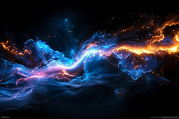 Plasma-like strokes of light converging and dissolving in a dynamic shifting blue haze with vibrant glowing effects and ethereal energy flow