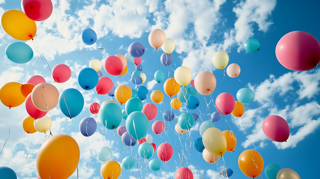  A sea of multicolored balloons floating in a cerulean sky 