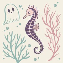 Obraz premium Retro Cute Mermaid Skeleton Sea Ghost Seamless Pattern – Pastel Goth Halloween Ocean Vector