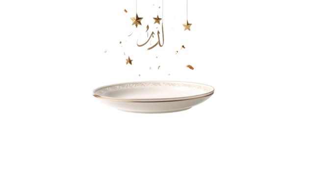 White Plate With Gold Trim And Falling Golden Stars Against Transparent Background