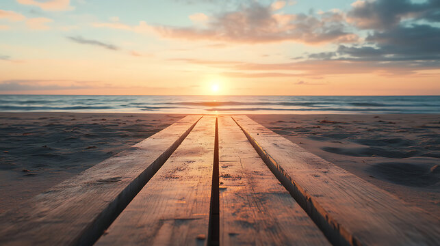  An empty wooden plank walkway on a deserted beach at dawn 
