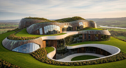Fototapeta premium Modern EcoFriendly Hilltop Winery with Lush Green Roofs.
