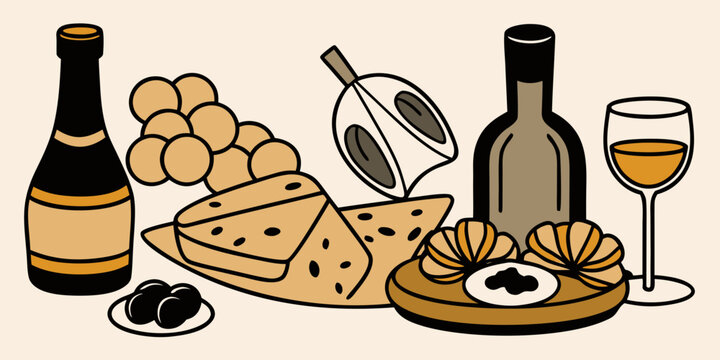 A versatile collection of food and drink icons, including breakfast items like bread and coffee, healthy fruits, savory meat and cheese, sweet cake and dessert, and various beverages in bottles and gl
